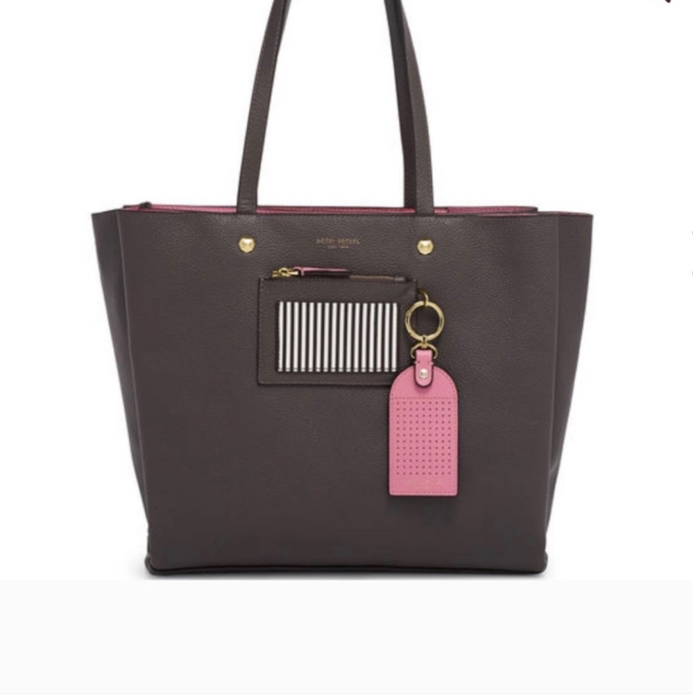 Henri Bendel The Influencer Tote Gray and Pink Leather Suede Striped Acc…